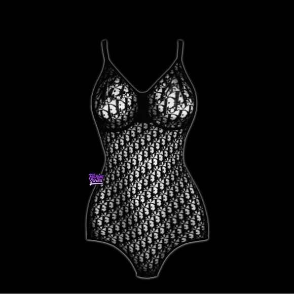 Dior 80โs Vintage Monogram Oblique Jacquard Trotter Black Sheer Logo Bodysuit - Picture 16 of 16